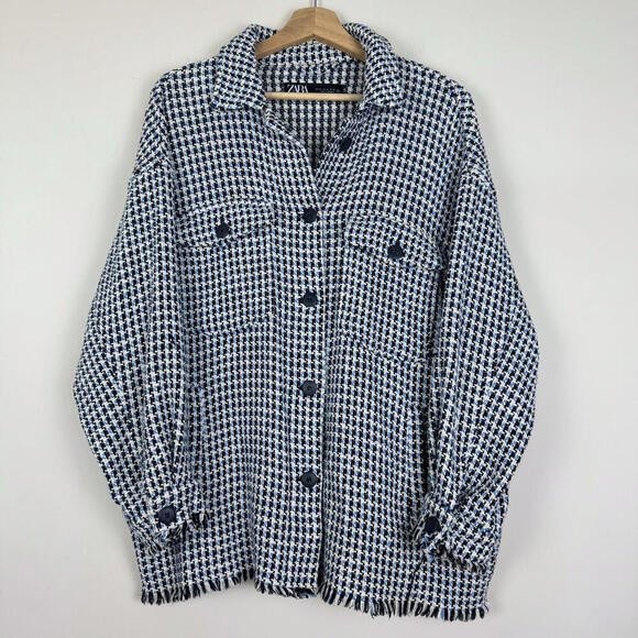 Zara Women’s Tweed Houndstooth Oversized Button-Up Shacket Jacket M Ruffle Boho - Picture 1 of 9